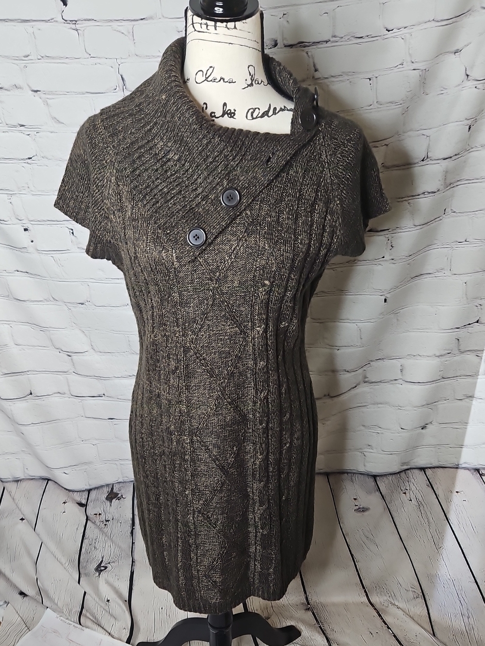 Pink Rose Brown Cable-Knit Button-Shoulder Sweater Mini Dress NWT Size Large